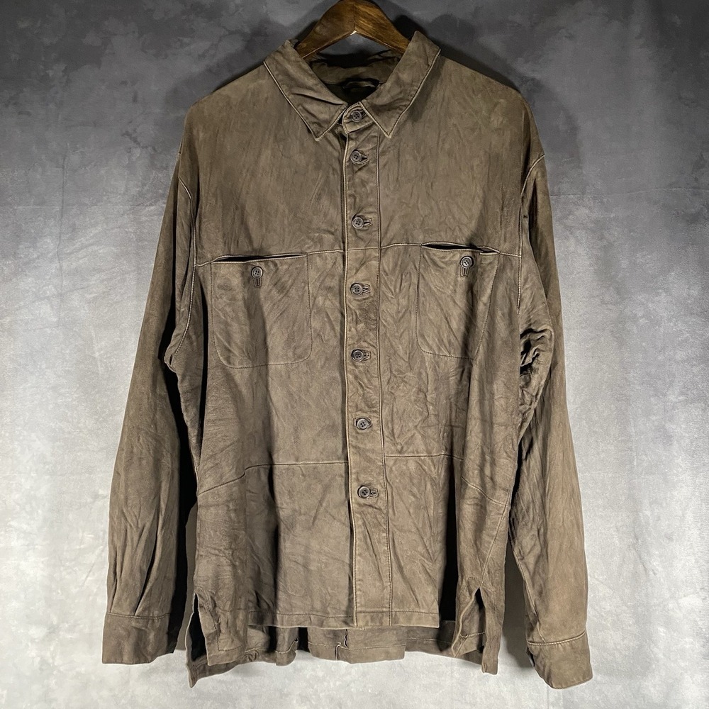 Guy Laroche Brown Suede Leather Button‎ Down Shirt Mens Size 42 Vintage